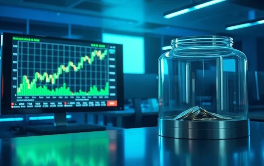 Split scene of a Bitcoin futures chart showing a positive spike and a near-empty stablecoin reserve vault.