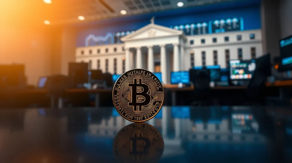 Bitcoin coin in foreground with Federal Reserve building in blurred background, symbolizing market anticipation of FOMC decision.