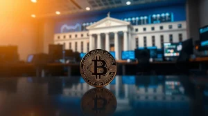Bitcoin coin in foreground with Federal Reserve building in blurred background, symbolizing market anticipation of FOMC decision.
