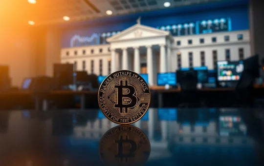 Bitcoin coin in foreground with Federal Reserve building in blurred background, symbolizing market anticipation of FOMC decision.
