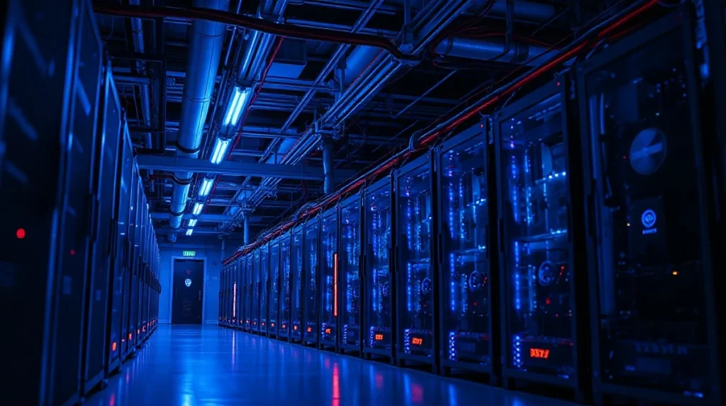 Interior view of a Bitcoin mining facility with rows of ASIC miners and blue LED lighting