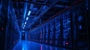 Interior view of a Bitcoin mining facility with rows of ASIC miners and blue LED lighting