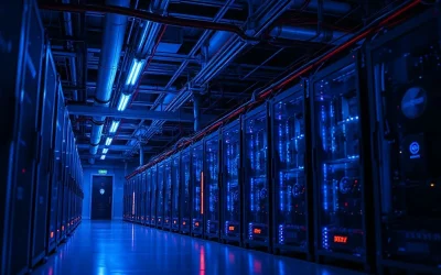 Interior view of a Bitcoin mining facility with rows of ASIC miners and blue LED lighting