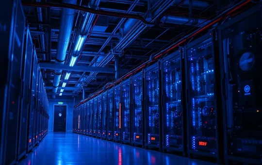 Interior view of a Bitcoin mining facility with rows of ASIC miners and blue LED lighting