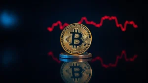 Bitcoin coin on reflective surface with red downward graph in background symbolizing price breakdown