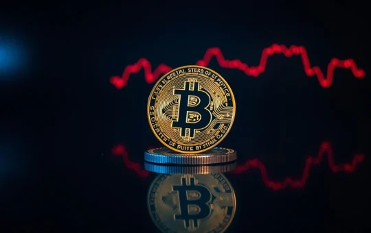 Bitcoin coin on reflective surface with red downward graph in background symbolizing price breakdown