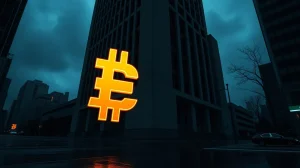 Bitcoin symbol in front of a Japanese government building under a dark sky, representing market risk.