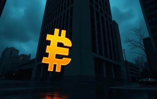 Bitcoin symbol in front of a Japanese government building under a dark sky, representing market risk.