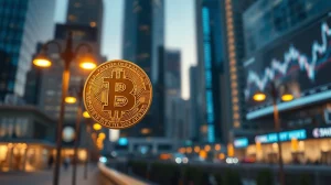 Bitcoin coin in focus with blurred city skyline and digital charts in background at dusk