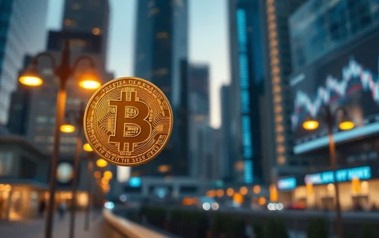 Bitcoin coin in focus with blurred city skyline and digital charts in background at dusk