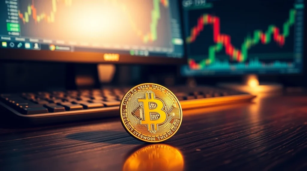 Bitcoin coin on desk with stock chart in background