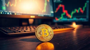 Bitcoin coin on desk with stock chart in background