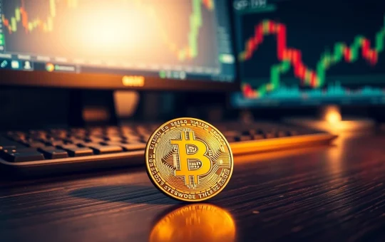 Bitcoin coin on desk with stock chart in background