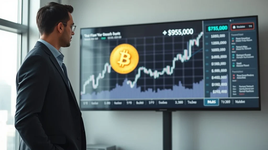 Financial analyst pointing to Bitcoin price chart showing $95,000 target