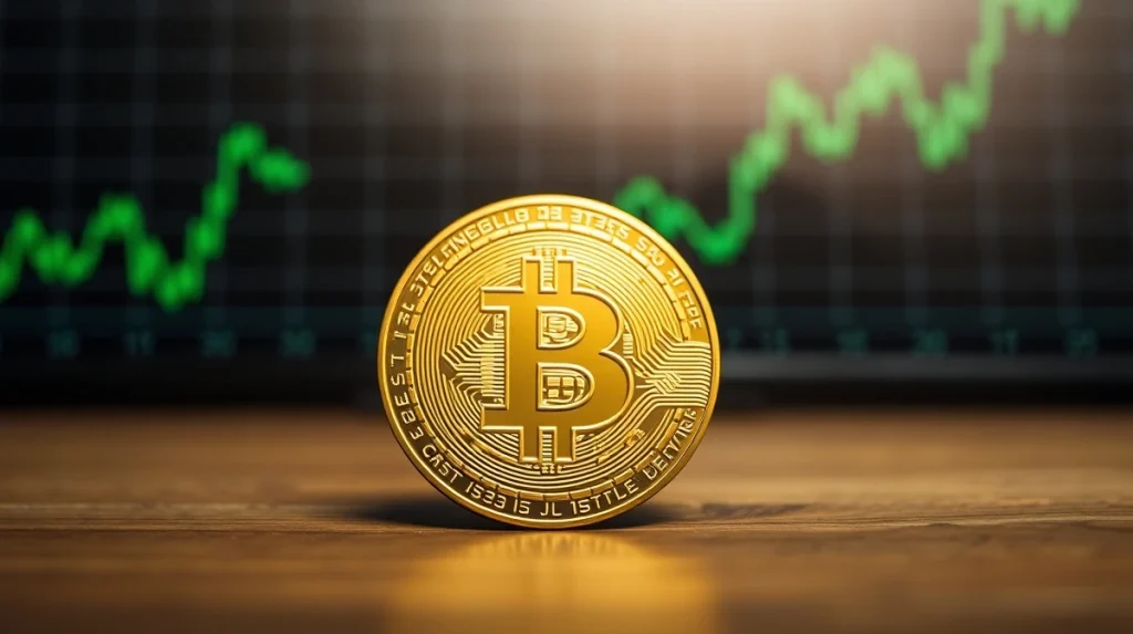 Bitcoin coin on wooden surface with blurred green trading charts in background.