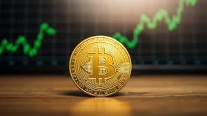 Bitcoin coin on wooden surface with blurred green trading charts in background.