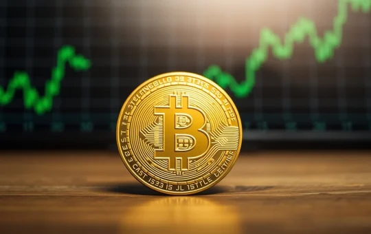 Bitcoin coin on wooden surface with blurred green trading charts in background.