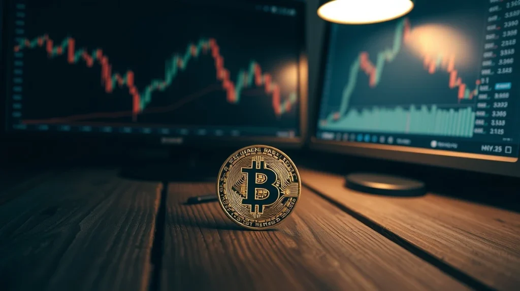 Bitcoin coin on table with dark background and downward chart on monitor