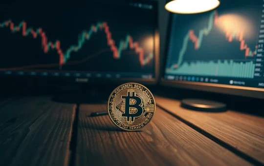 Bitcoin coin on table with dark background and downward chart on monitor