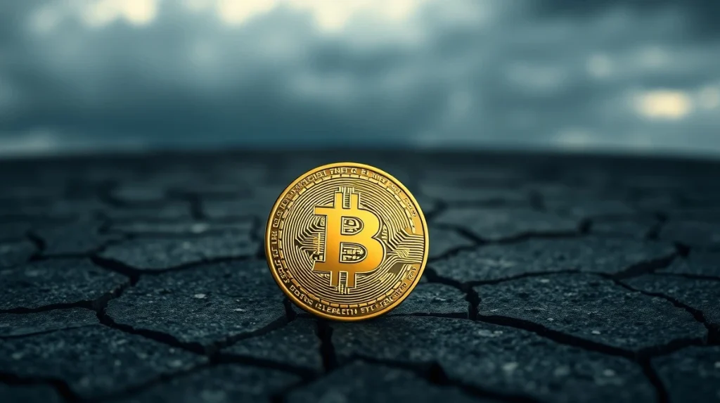 Bitcoin coin on cracked stone surface with dramatic lighting representing market pressure at a key support level.