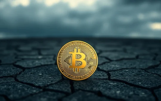 Bitcoin coin on cracked stone surface with dramatic lighting representing market pressure at a key support level.