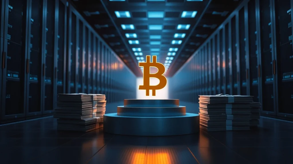 Bitcoin coin symbol on a pedestal surrounded by idle stacks of US dollars and stablecoin icons in a dark server room.