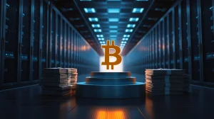 Bitcoin coin symbol on a pedestal surrounded by idle stacks of US dollars and stablecoin icons in a dark server room.