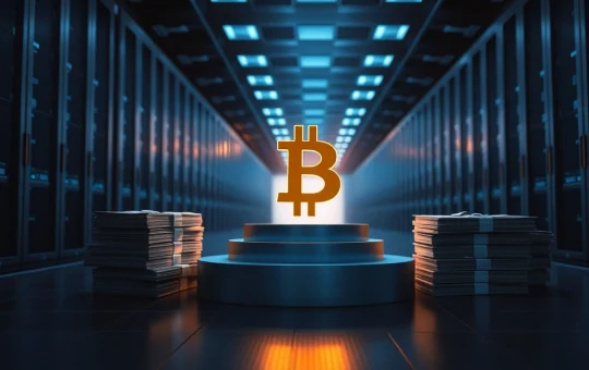 Bitcoin coin symbol on a pedestal surrounded by idle stacks of US dollars and stablecoin icons in a dark server room.