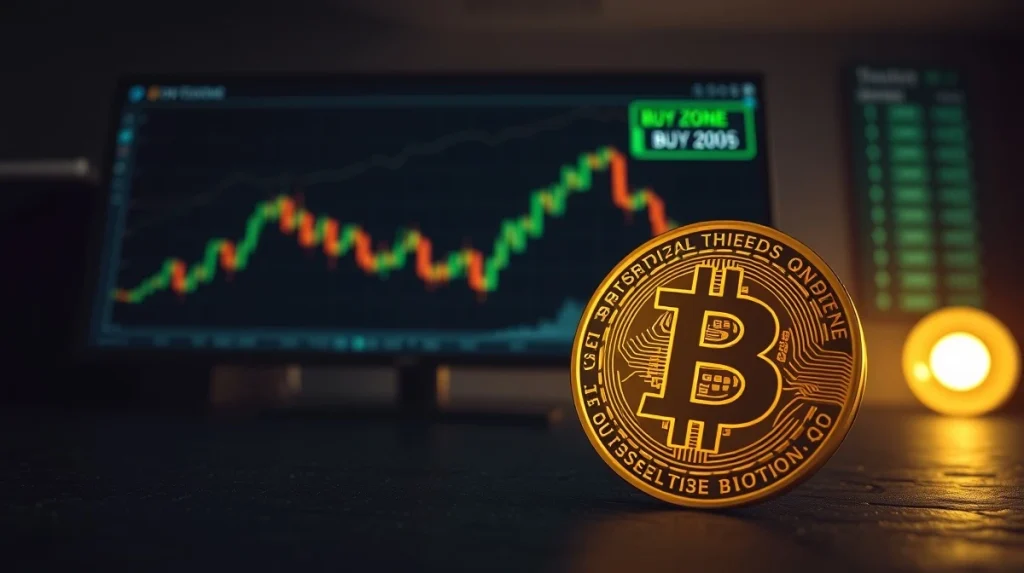 Bitcoin coin with a downward chart and green buy zone in a dark trading environment
