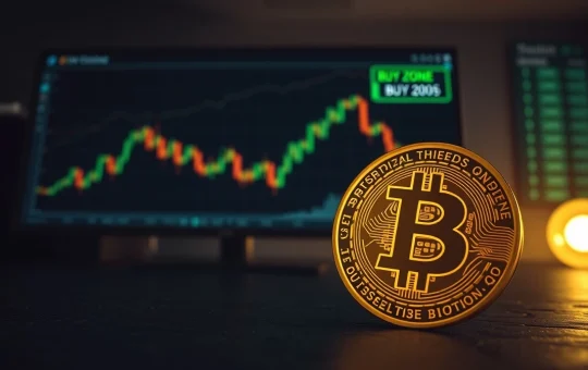 Bitcoin coin with a downward chart and green buy zone in a dark trading environment