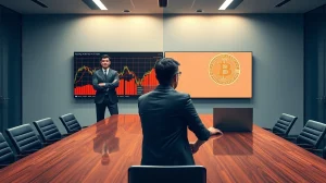 Two corporate executives in a split scene with contrasting Bitcoin charts representing divergent treasury strategies.