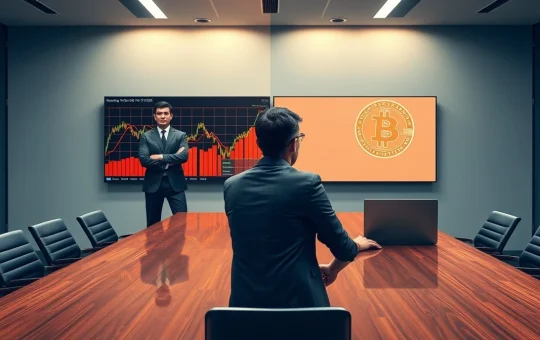 Two corporate executives in a split scene with contrasting Bitcoin charts representing divergent treasury strategies.