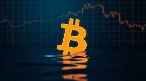 Bitcoin symbol partially submerged in dark liquid, representing declining whale liquidity on Binance exchange.