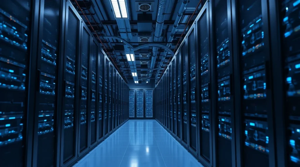 Interior of a large Ethereum mining facility with rows of GPU rigs and cooling infrastructure