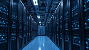 Interior of a large Ethereum mining facility with rows of GPU rigs and cooling infrastructure
