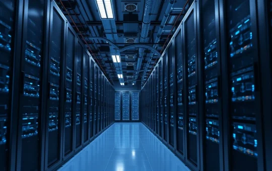 Interior of a large Ethereum mining facility with rows of GPU rigs and cooling infrastructure