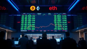 Digital display board showing Bitcoin and Ethereum price charts on a trading floor