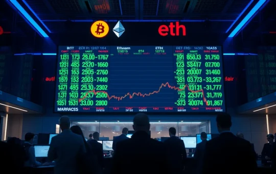Digital display board showing Bitcoin and Ethereum price charts on a trading floor