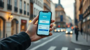 Person using a smartphone with a crypto wallet app in a European city setting