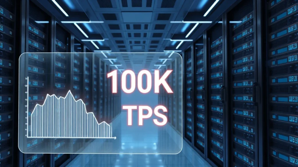 Futuristic data center with holographic trading interface showing 100K TPS for BNB Chain's new Layer 1 blockchain.