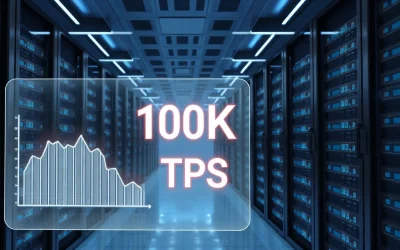 Futuristic data center with holographic trading interface showing 100K TPS for BNB Chain's new Layer 1 blockchain.