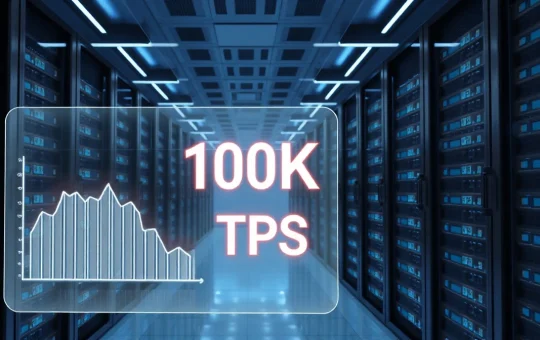 Futuristic data center with holographic trading interface showing 100K TPS for BNB Chain's new Layer 1 blockchain.