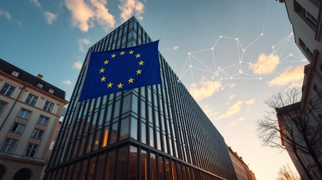Modern financial building in Luxembourg with EU flag and digital network overlay symbolizing Bridge's MiCA and EMI regulatory approvals.