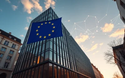 Modern financial building in Luxembourg with EU flag and digital network overlay symbolizing Bridge's MiCA and EMI regulatory approvals.