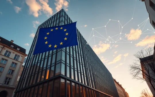 Modern financial building in Luxembourg with EU flag and digital network overlay symbolizing Bridge's MiCA and EMI regulatory approvals.