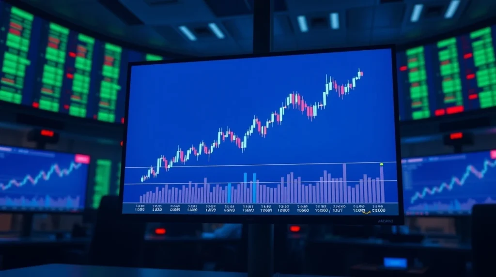 Close-up of a trading monitor displaying a Cardano (ADA) price chart with candlesticks and technical indicators.