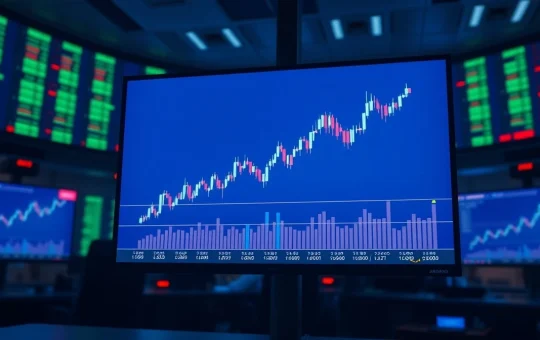 Close-up of a trading monitor displaying a Cardano (ADA) price chart with candlesticks and technical indicators.