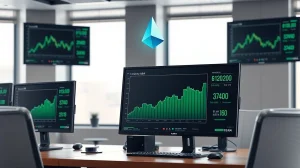 Trading desk monitors showing Cardano (ADA) price chart with green upward trend and holographic ADA logo