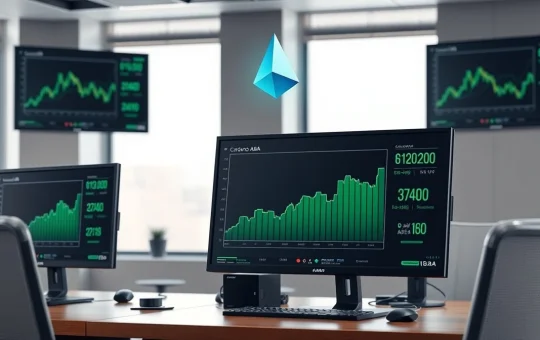 Trading desk monitors showing Cardano (ADA) price chart with green upward trend and holographic ADA logo