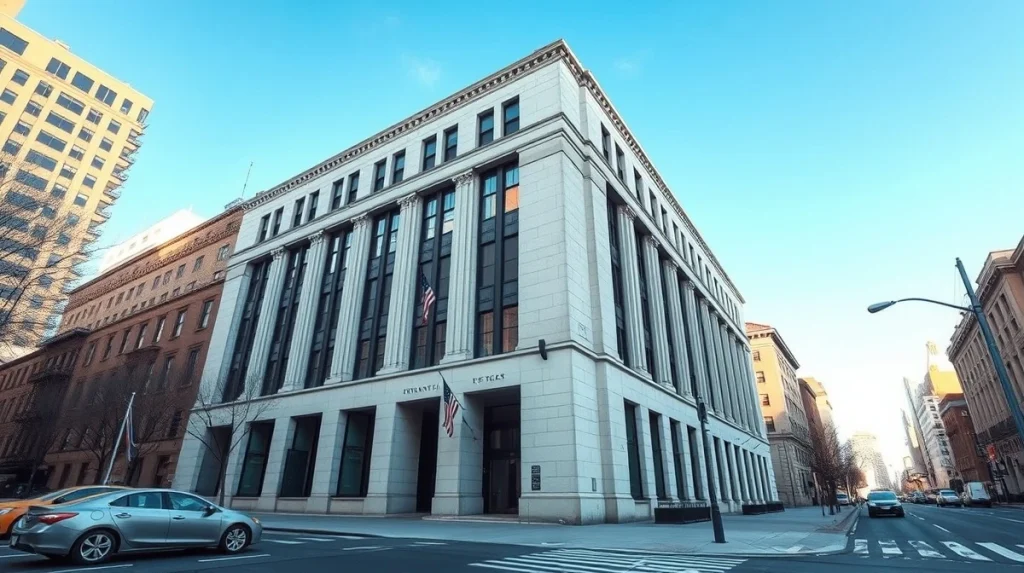 New York State Department of Financial Services building exterior on a sunny day